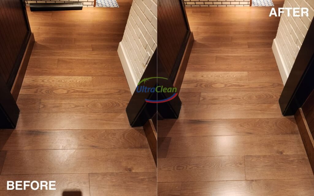 Before and after hardwood floor cleaning in a Plano home — Revitalizing Clean and urethane top-coat by Ultra Clean