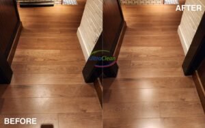 Before and after hardwood floor cleaning in a Plano home — Revitalizing Clean and urethane top-coat by Ultra Clean