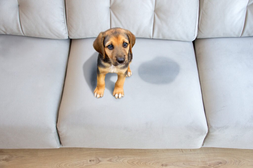 Brown and black puppy sitting on a light gray fabric sofa next to a wet urine stain, showing why Frisco homeowners need upholstery and pet odor cleaning
