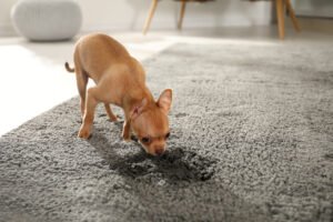Chihuahua sniffing a fresh urine spot on a gray living room carpet, illustrating pet stain and odor removal in Dallas