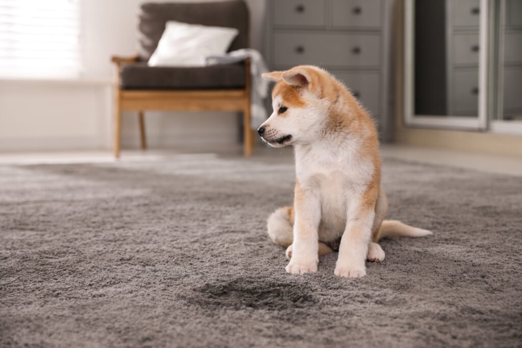 Pet Urine Stain and Odor Removal in Plano | Ultra Clean | Ultra Clean A dog sitting calmly on residential carpet beside a fresh urine stain in a Plano home, illustrating the need for professional pet stain and odor removal