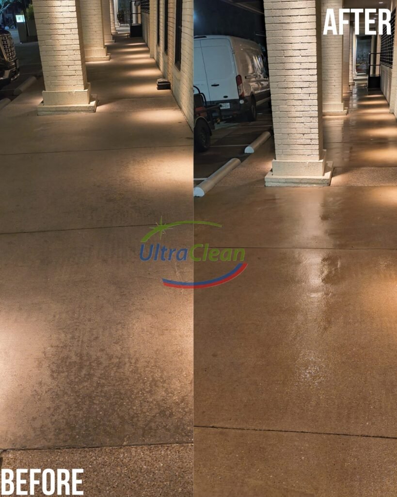 Sidewalk Power Washing Before and After in Plano | Ultra Clean | Ultra Clean Side-by-side before and after of a concrete sidewalk in Plano, transformed from dingy and stained to bright, clean gray by professional pressure washing