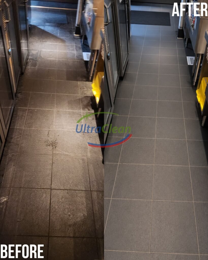 Before and after tile and grout cleaning in a Frisco home — deep cleaning and color sealing