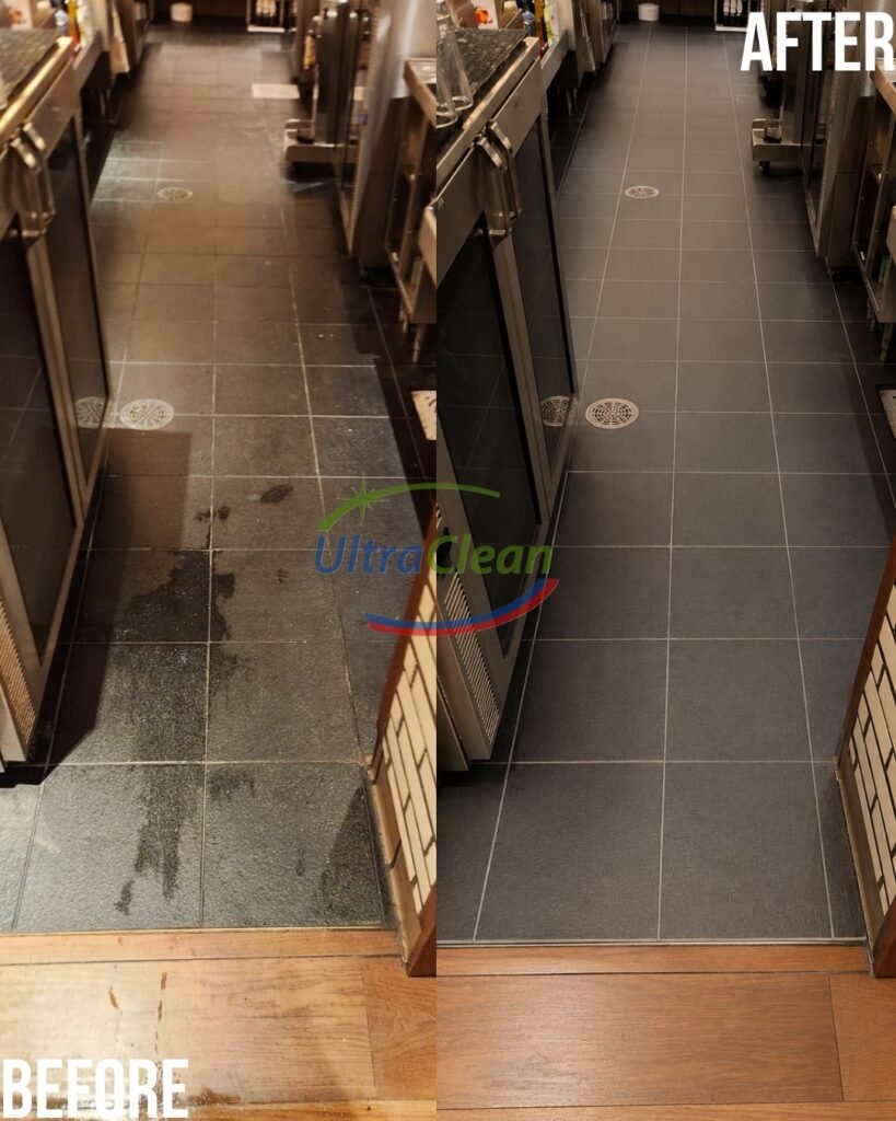 Before and after tile and grout cleaning in a McKinney home — color-sealed grout that stays clean
