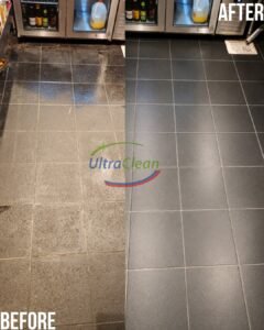 Tile and grout cleaning before and after in Plano — Ultra Clean | Ultra Clean Before and after tile and grout cleaning in a Plano home — color sealing keeps grout from darkening again