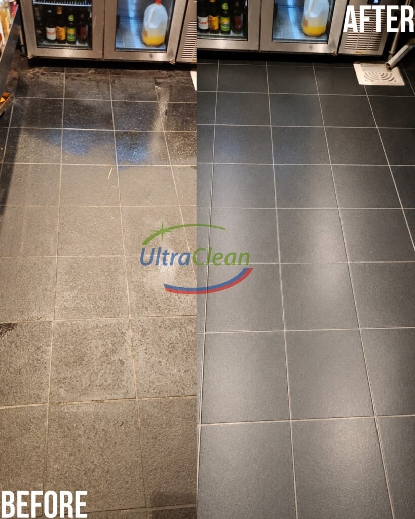 Before and after tile and grout cleaning in a Plano home — color sealing keeps grout from darkening again
