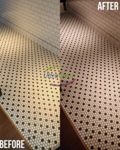 Before and after tile and grout cleaning in a Richardson home — restored grout color and finish