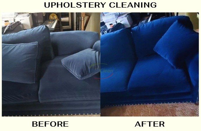 Upholstery Cleaning Before and After in Plano | Ultra Clean | Ultra Clean Side-by-side before and after of a residential sofa in Plano, transformed from heavily soiled with visible body-oil spots and stains to clean, bright, and like-new by professional hot-water extraction