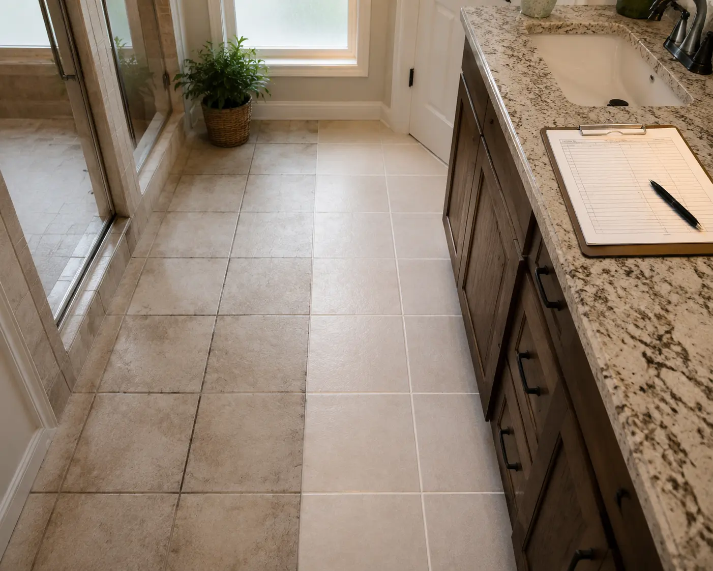 Bathroom with contrasting tiled floor view | Ultra Clean