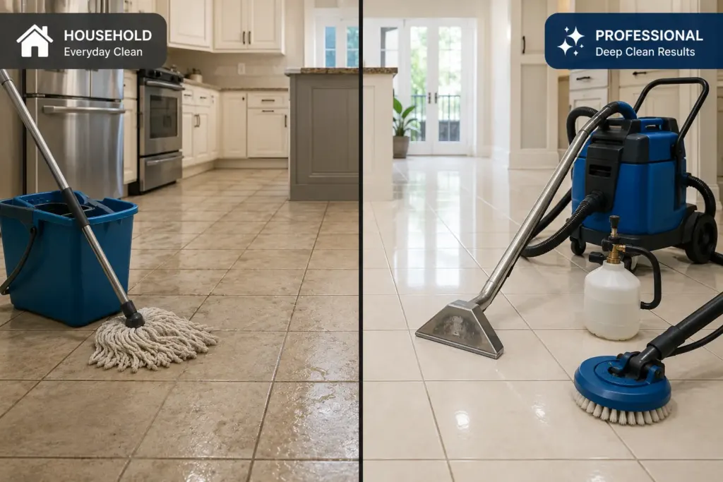 Split-screen kitchen floor: dirty left side and spotless right side, with cleaning tools on both sides.