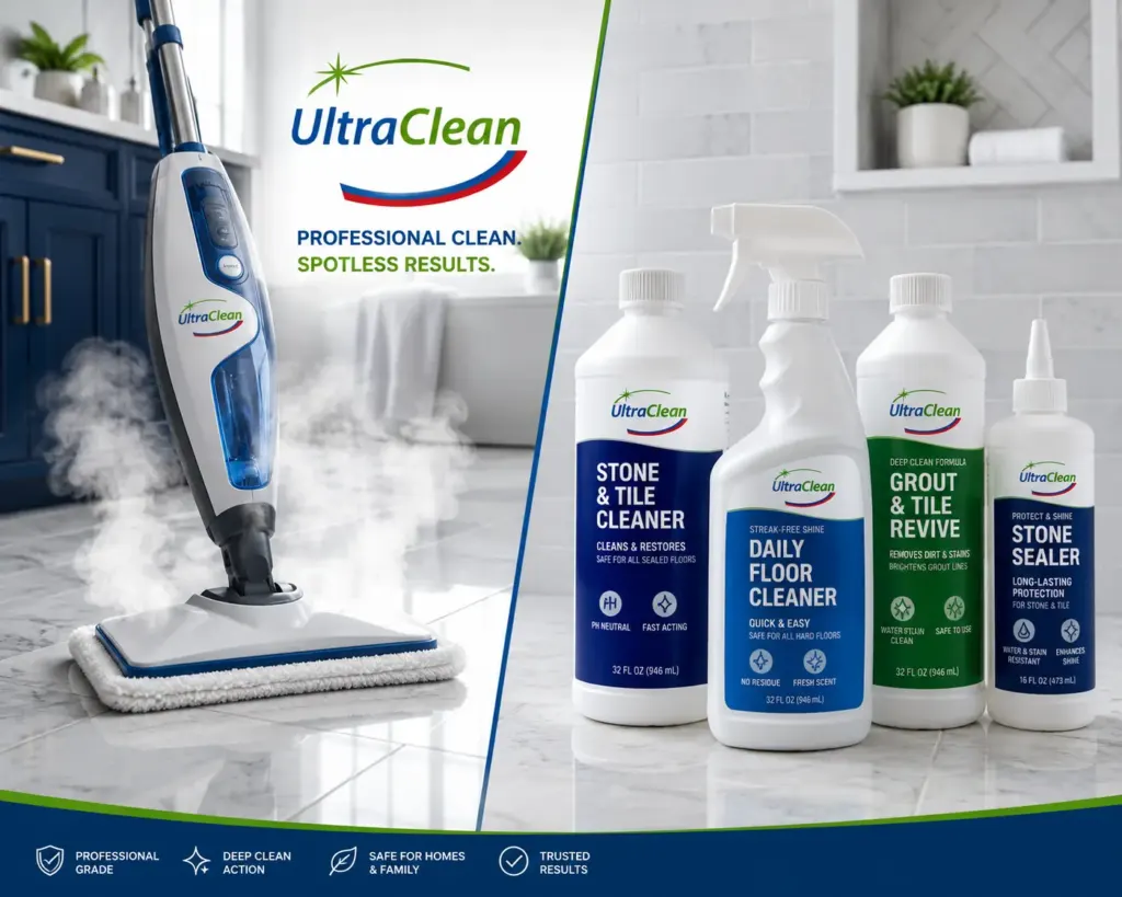 UltraClean floor-cleaning kit: steam mop on a marble floor beside labeled bottles of cleaners.