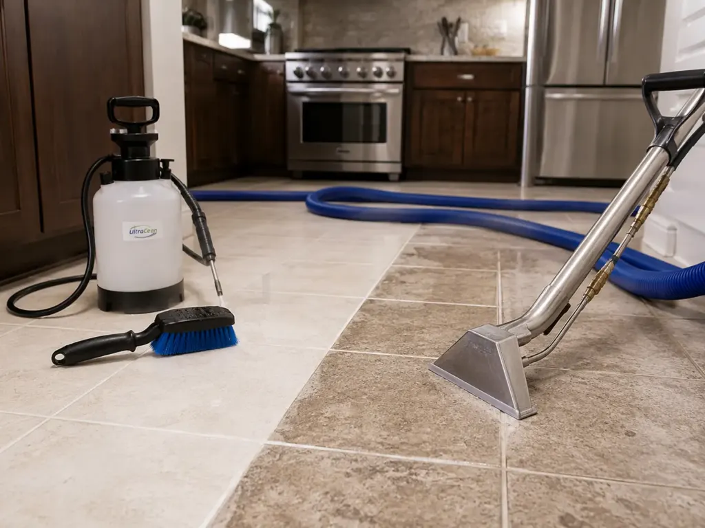 Industrial floor-cleaning setup on a tiled kitchen floor: a spray bottle, blue-bristled brush, and a metal floor tool connected to hoses.