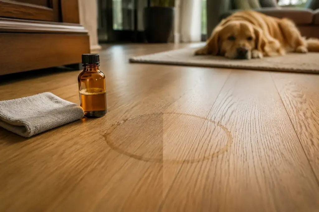 Amber medicine bottle and folded towel on a wooden floor with a golden retriever resting on a rug in the background. (informative)