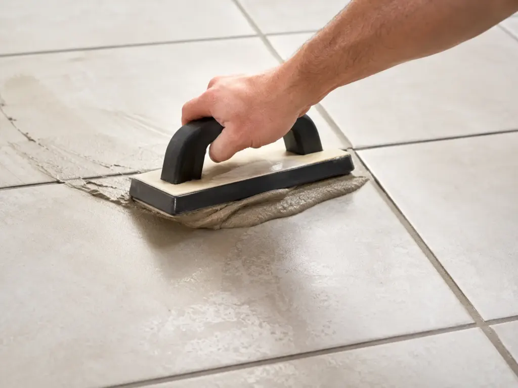 Hand smoothing wet grout over ceramic floor tiles using a grout float with a black handle.