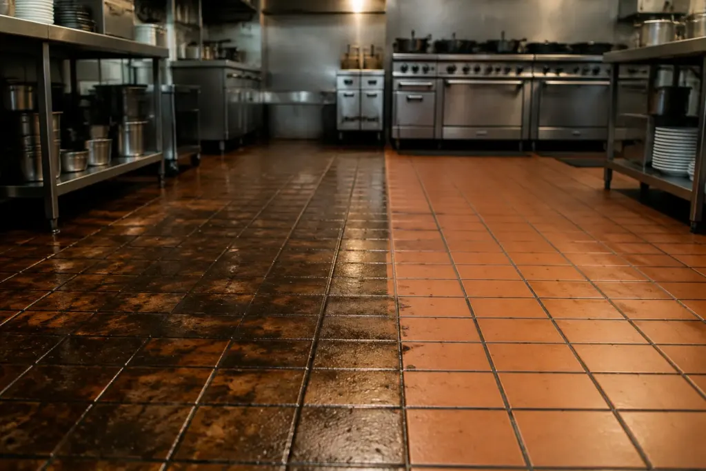 Industrial kitchen with stainless steel appliances along the back wall and a two-tone tiled floor (dark on the left, orange on the right).