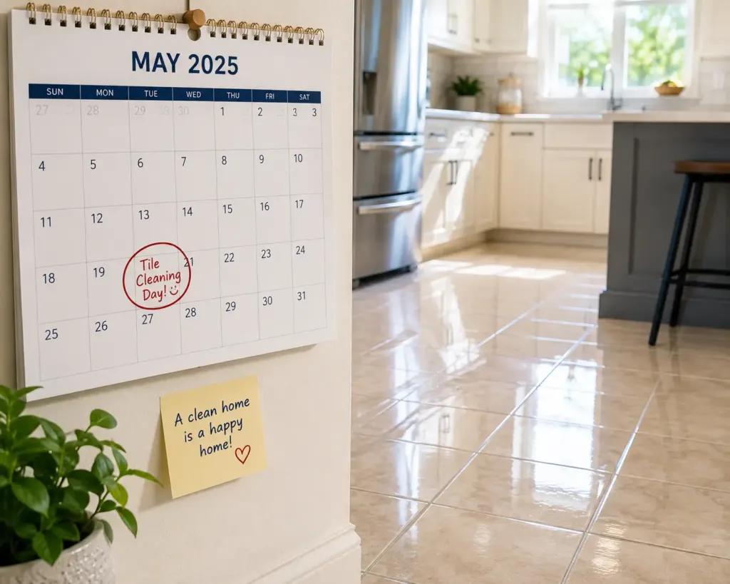 Calendar on a fridge showing May 2025 with a red stamp reading 'Tile Cleaning Day!' on May 21, in a bright kitchen with tiled floor and stainless appliances.