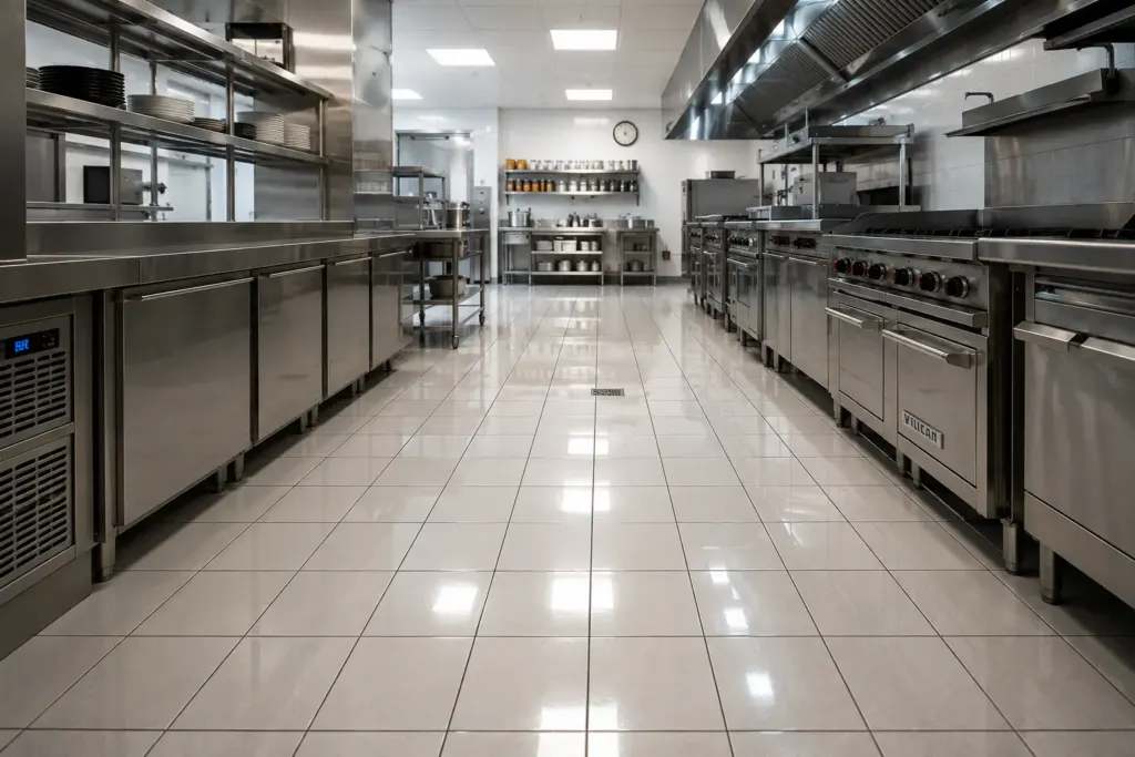 Pristine commercial kitchen with stainless steel counters on both sides, tiled floor, and industrial ovens along the right wall.