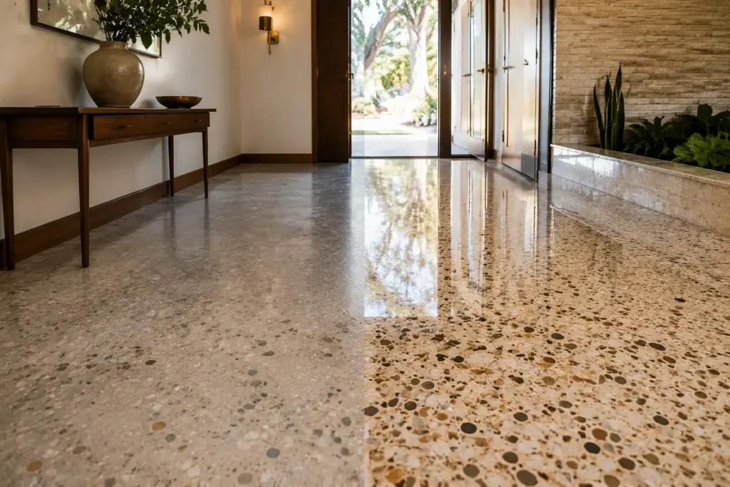 Bright hotel lobby entry with a glossy terrazzo floor, a wooden console table and vase on the left, and open double doors to a sunny garden ahead.