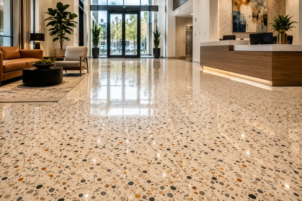 Modern hotel lobby with a speckled terrazzo floor, seating area on the left, reception counter on the right, and glass doors at the back.