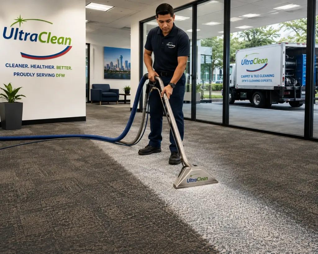 Male technician operating a carpet cleaning wand inside an UltraClean office lobby with a branded van visible outside the glass wall.