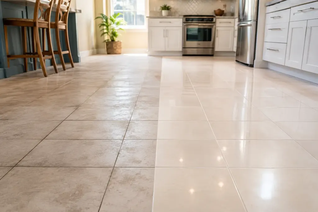 Two-toned tile kitchen floor: darker beige tiles on the left and glossy white tiles on the right, with white cabinets and stainless steel appliances in the background.