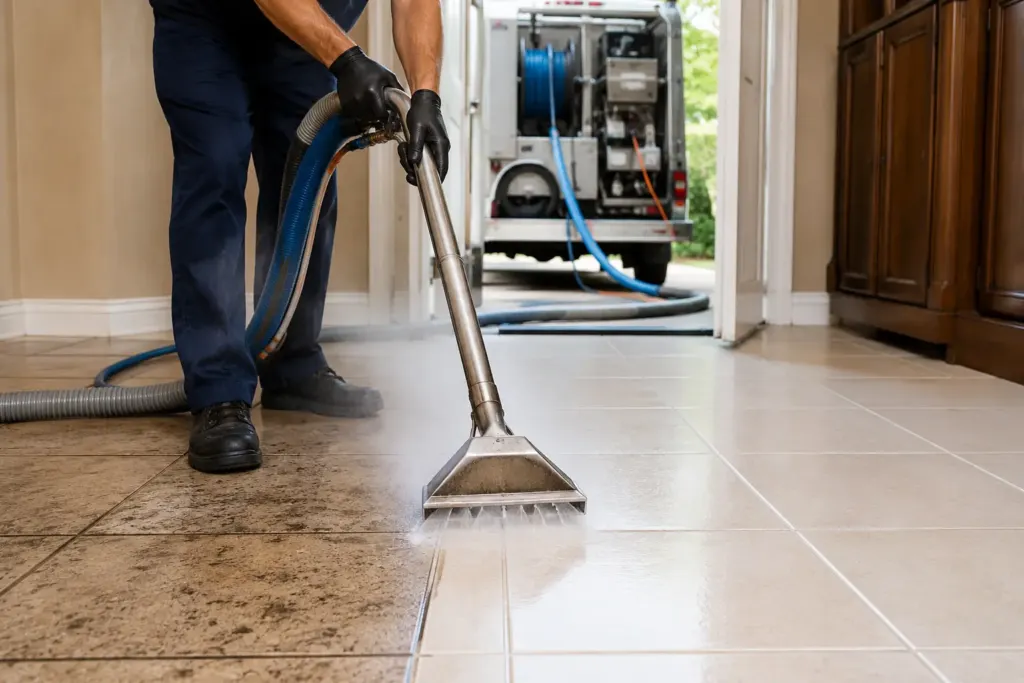 Worker in gloves uses a floor cleaning machine on a tiled hallway, hose connected to a cleaning van.