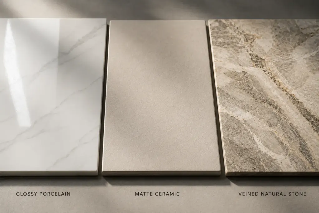 Three tile finish samples laid in a row: glossy porcelain (left), matte ceramic (center), and veined natural stone (right).