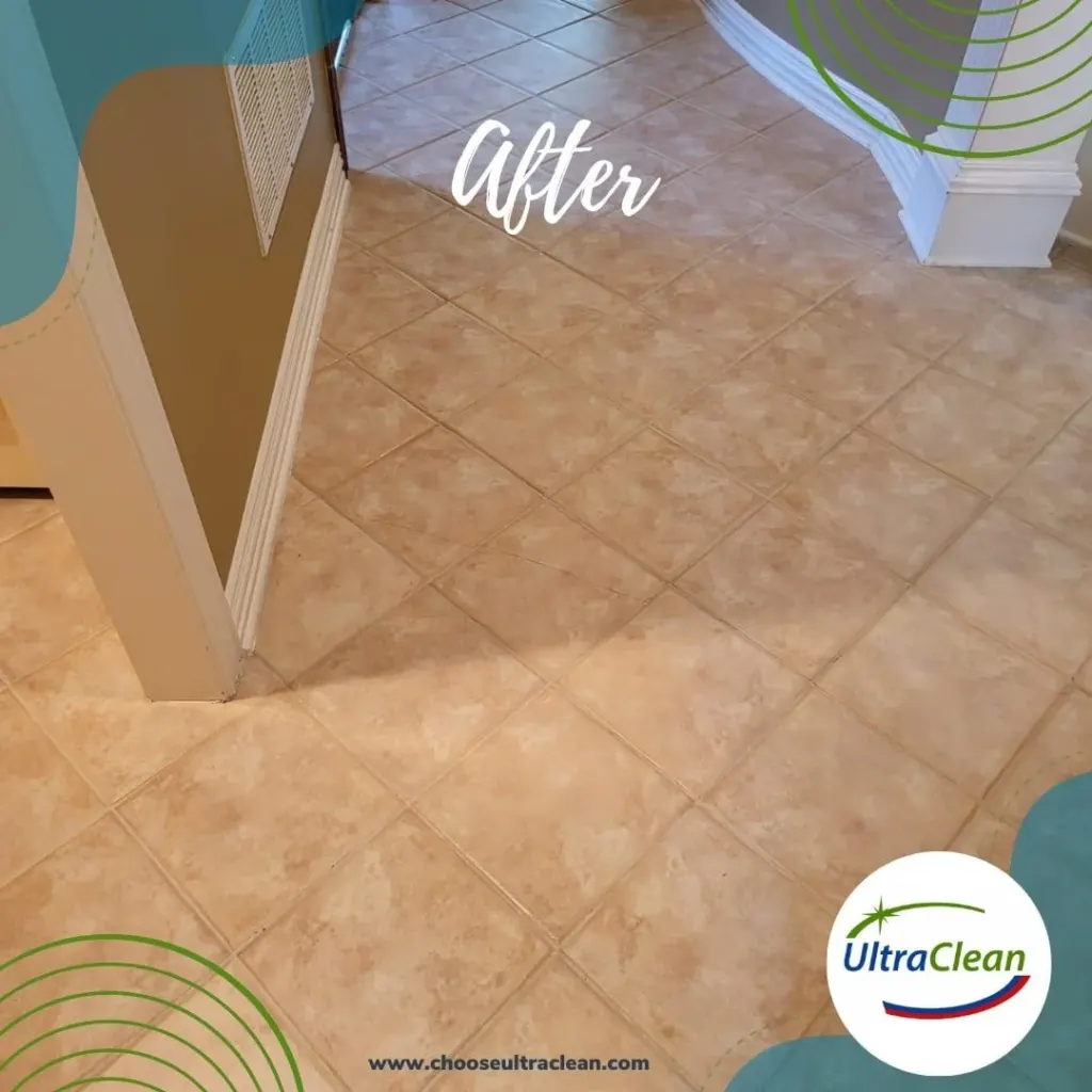 After photo of a clean beige tiled floor in a hallway, with teal/green graphic overlays and the UltraClean logo at the corner.