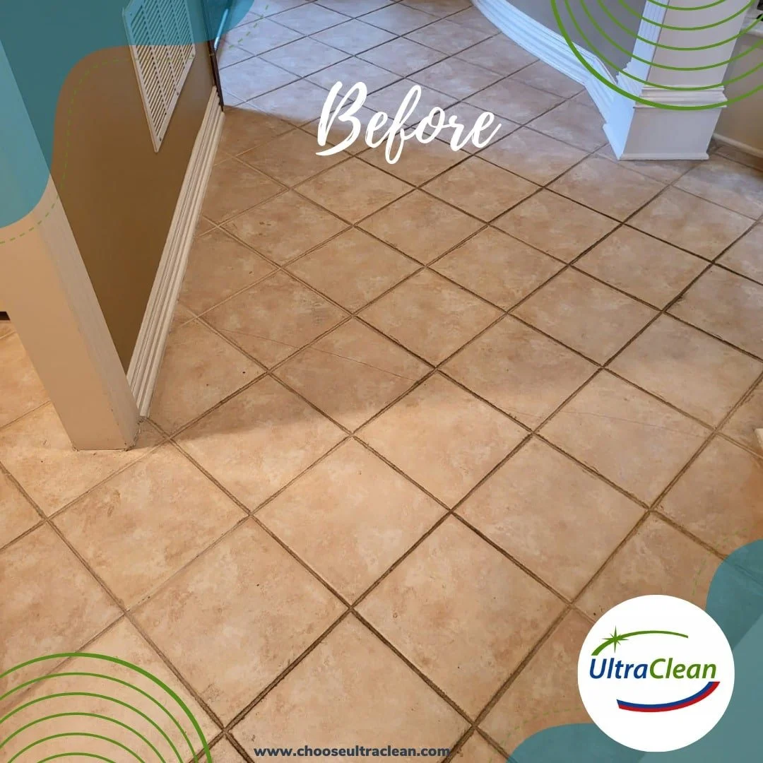 Tile floor with large beige grout lines in a hallway, labeled 'Before' in script, with a vented wall and decorative UltraClean watermark in the corner.