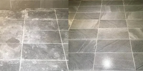 a before and after photo of a restored limestone floor